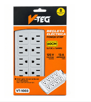 Regleta eléctrica de 8 tomas de corriente (Modelo VT-1003)